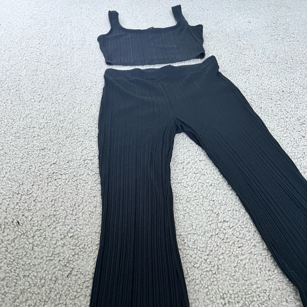 Two-piece: black, high waisted flare leggings, with cropped tank top